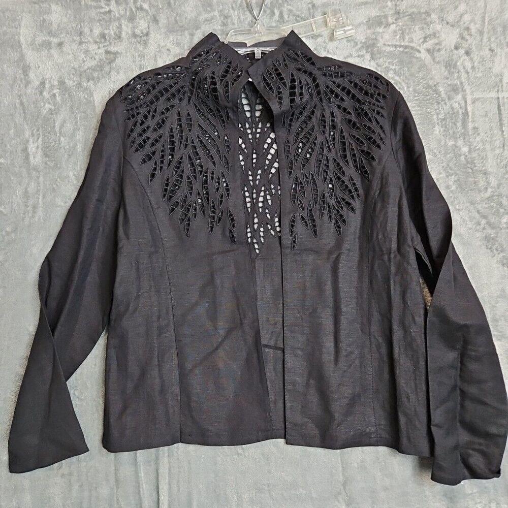 Jennifer Eden sz 14 Cutout Jacket linen rayon cardigan long sleeve Black
